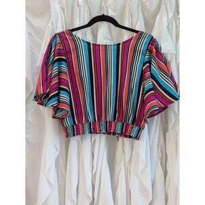True Destiny Size M Boho Black,Pink,Teal,Orange Striped Cape Sleeve Crop Top
